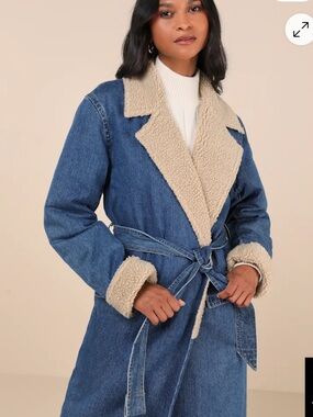 Lulu's Superb Statement Medium Wash Denim Shearling Trench Coat